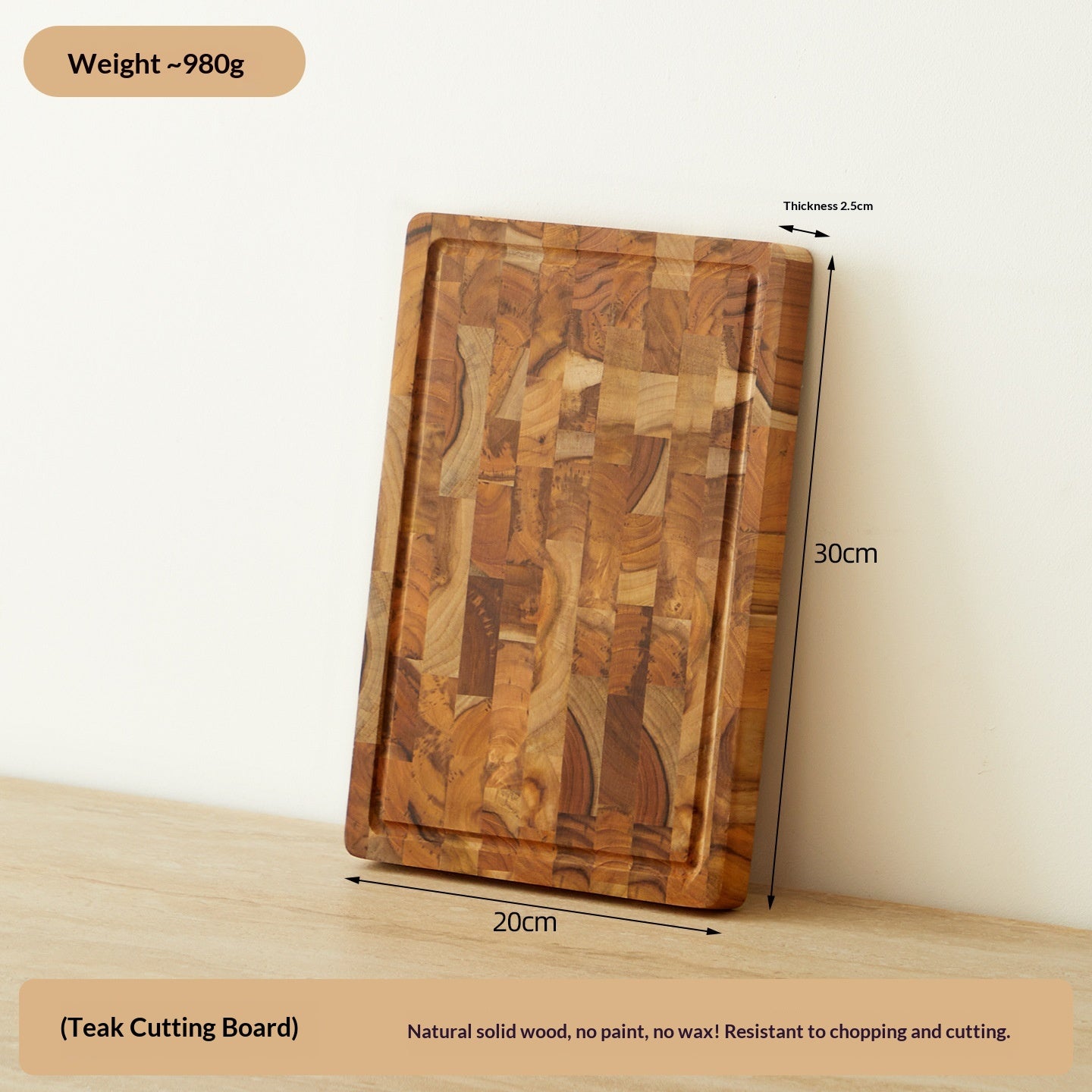 Solid Teak Cutting Board — Double-Sided